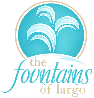 The image is a logo for "The Fountains of Largo" with a stylized representation of water in the background.